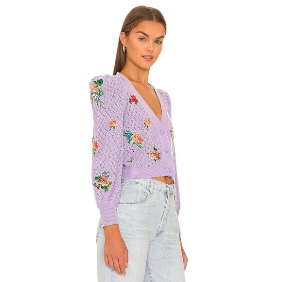 Alice + Olivia Morita Lavender Multi Floral Puff Sleeve Cardigan XS - Picture 4 of 15